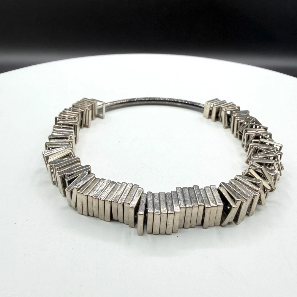 Silver Tone Geometric Square Frame Bead Bracelet Modernist Industrial Statement